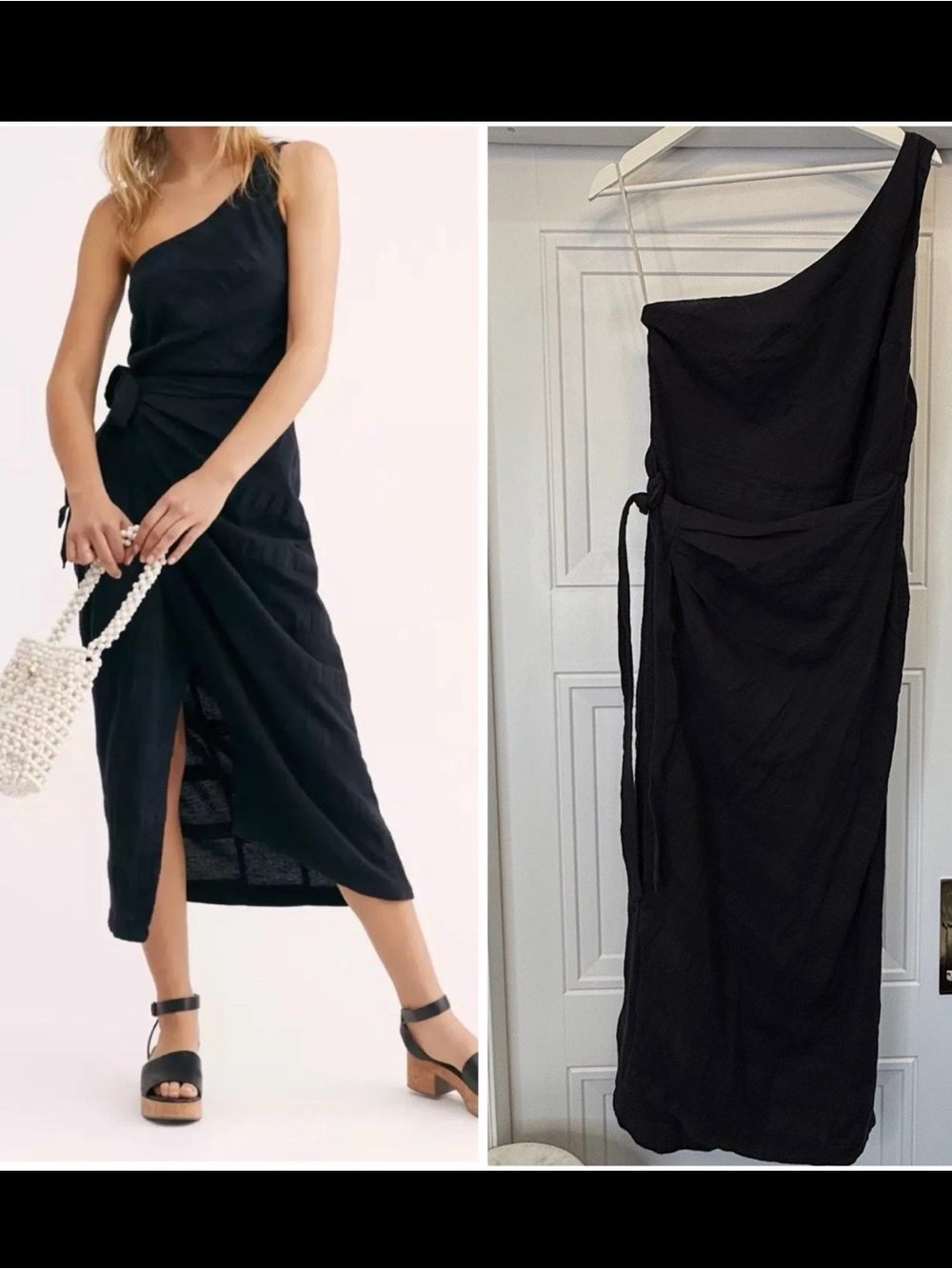 FREE PEOPLE AT LEISURE BLACK LINEN WRAP DRESS ONE SHOULDER LARGE